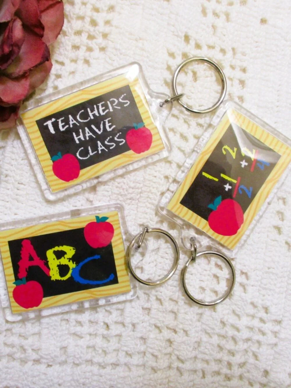 Vintage LUCITE School KEYCHAIN Lot: Teacher Appreciation, ABC, Math